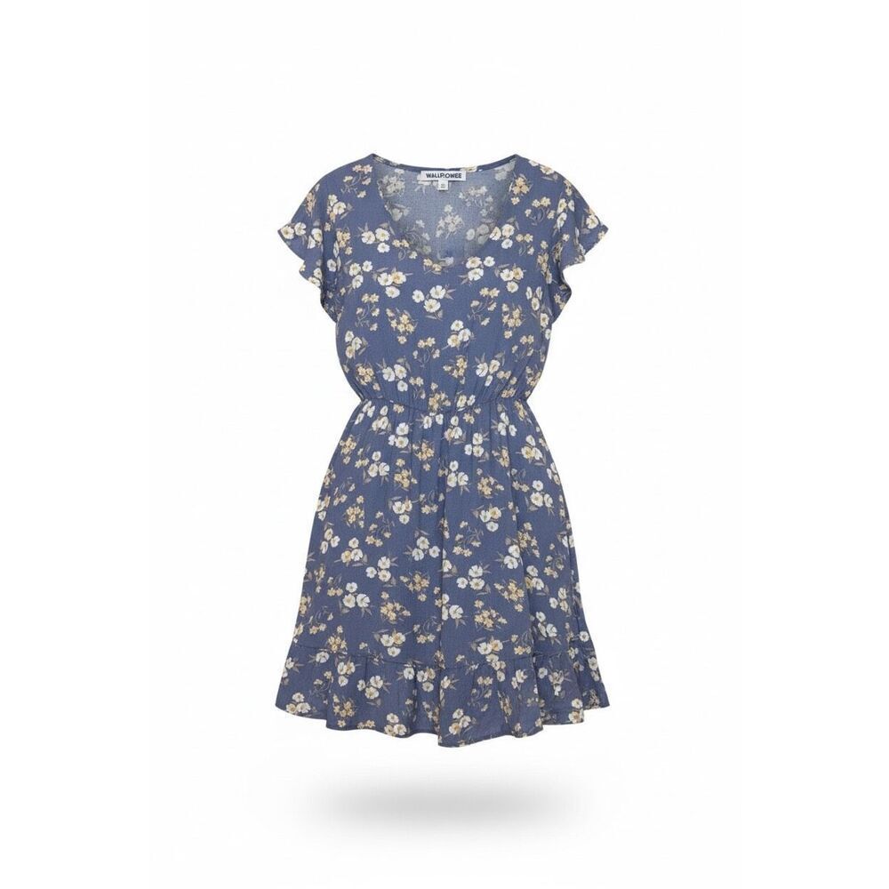 Wallflower Floral Short Flutter Sleeve Tiered Mini Dress Blue White Size XS